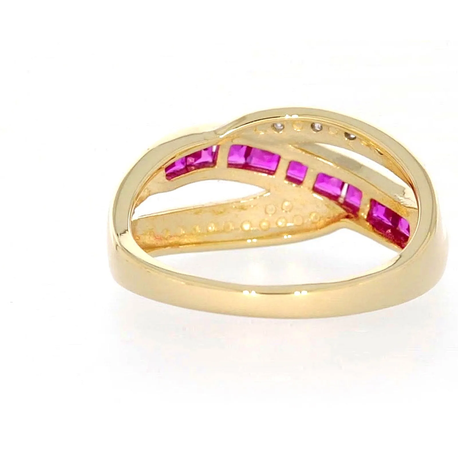 9ct Yellow Gold Square Cut  2 mm Created Ruby Diamond Set Ring
