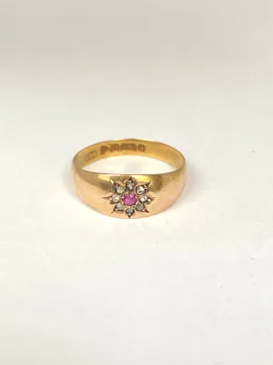 Antique, Victorian, 15ct Gold Ruby and Diamond Gypsy Flower Ring, Hallmarked Chester, 1899