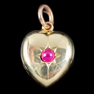 Antique Victorian Ruby Heart Pendant 18Ct Gold Circa 1900