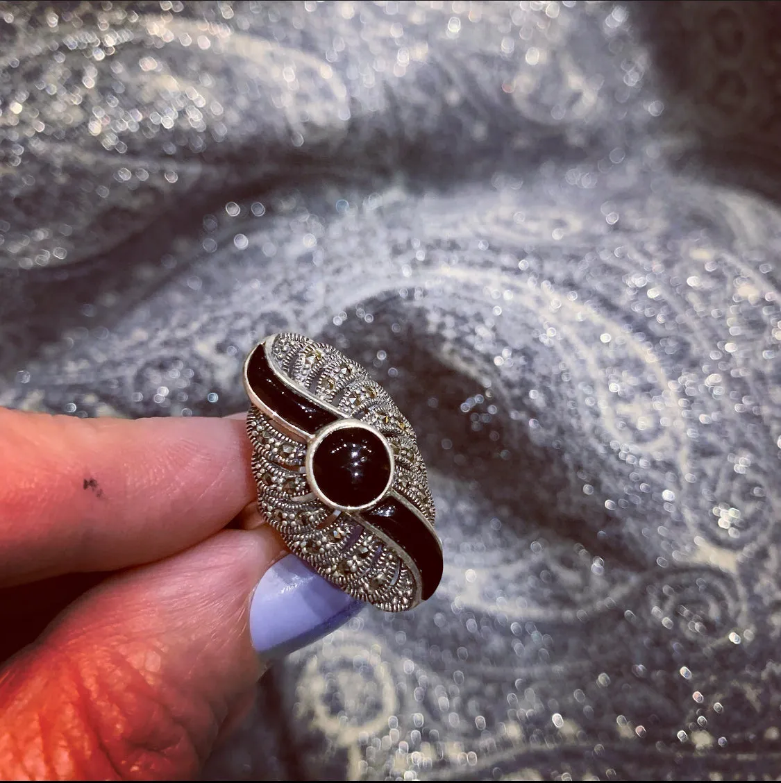 Art Deco Ring with Black Onyx and Marcasite Swirly