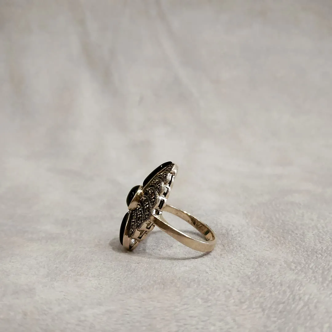 Art Deco Ring with Black Onyx and Marcasite Swirly