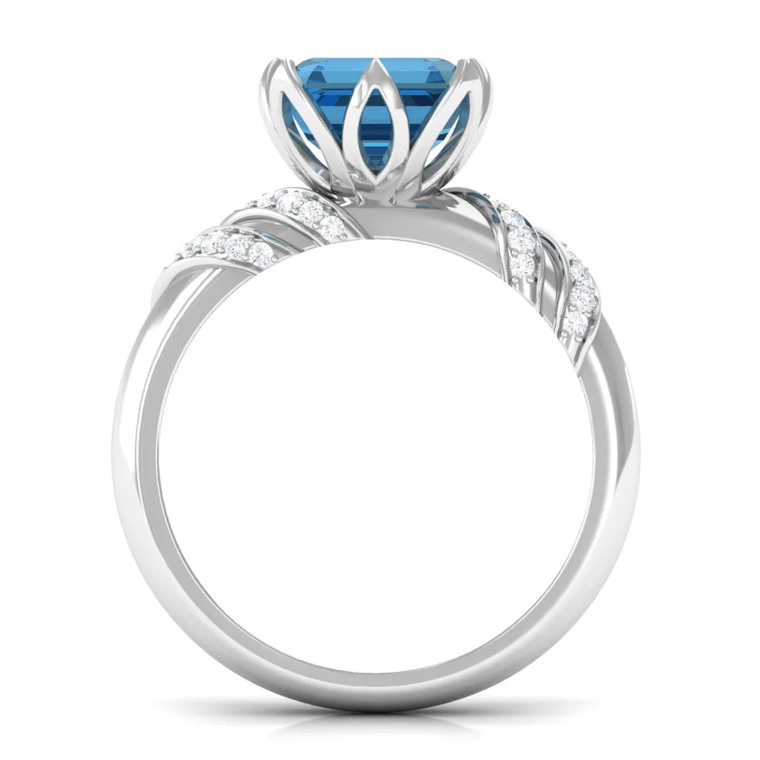 Asscher Cut London Blue Topaz Designer Engagement Ring with Diamond