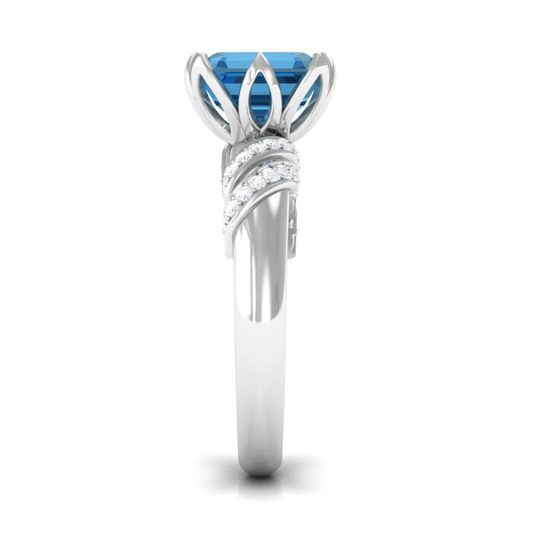 Asscher Cut London Blue Topaz Designer Engagement Ring with Diamond