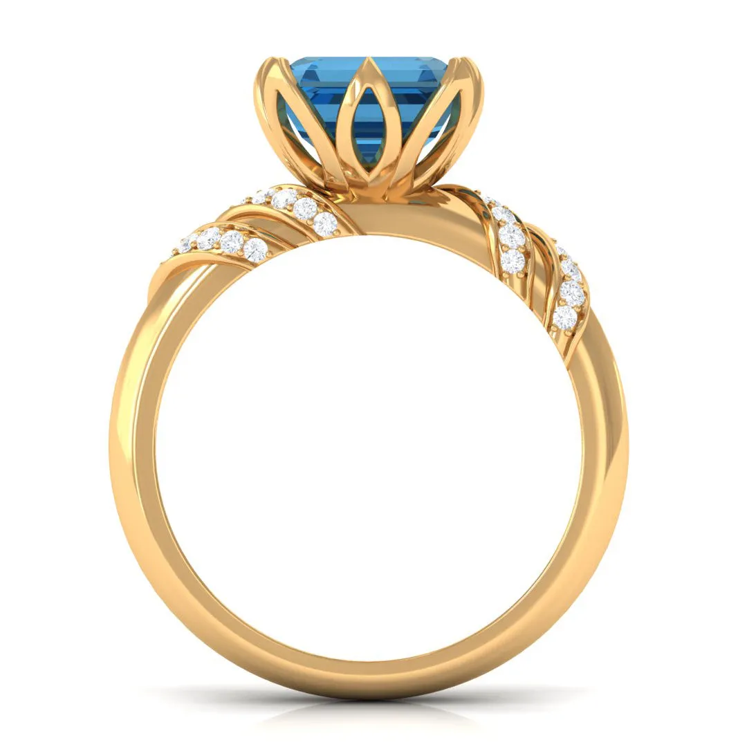 Asscher Cut London Blue Topaz Designer Engagement Ring with Diamond