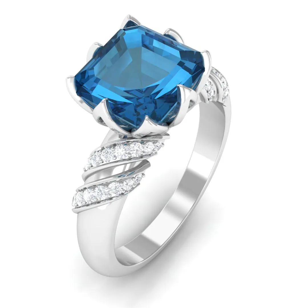 Asscher Cut London Blue Topaz Designer Engagement Ring with Diamond