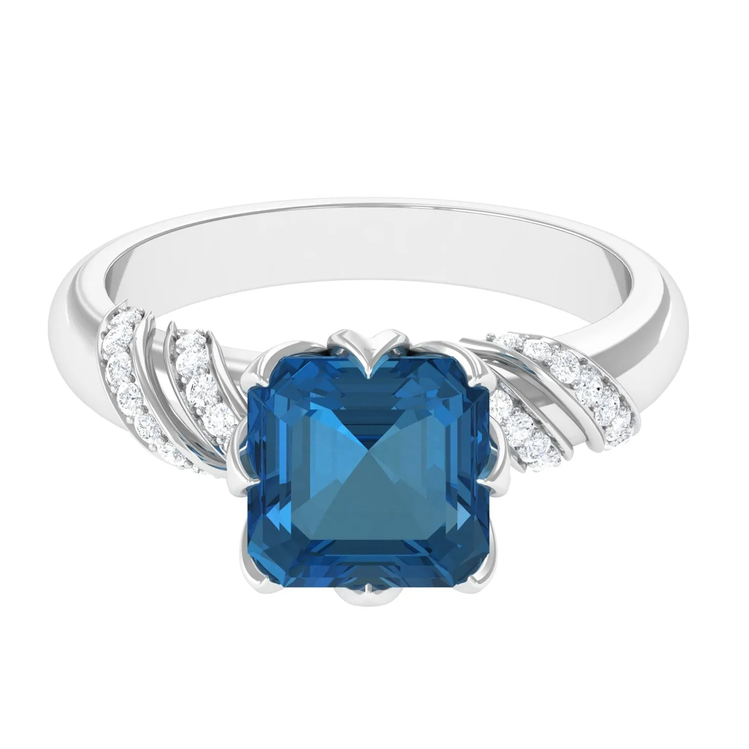 Asscher Cut London Blue Topaz Designer Engagement Ring with Diamond