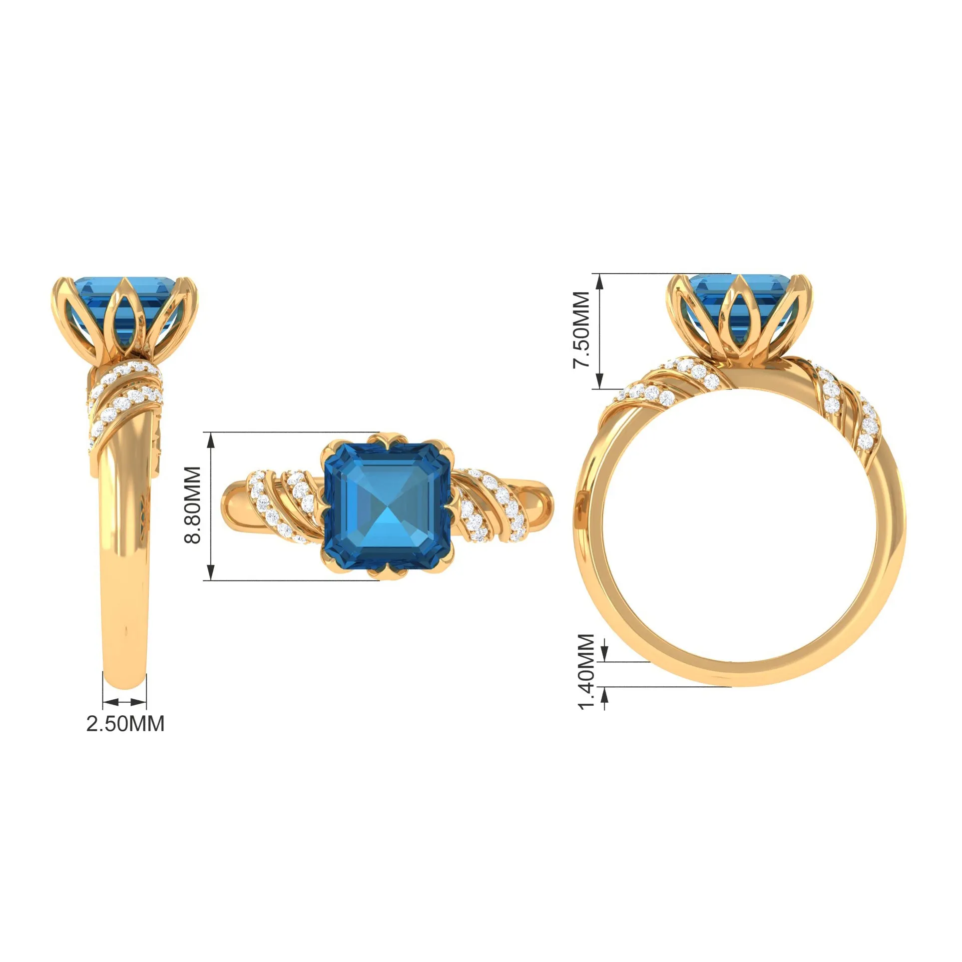 Asscher Cut London Blue Topaz Designer Engagement Ring with Diamond
