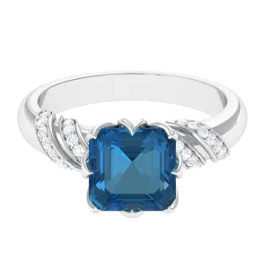 Asscher Cut London Blue Topaz Designer Engagement Ring with Diamond