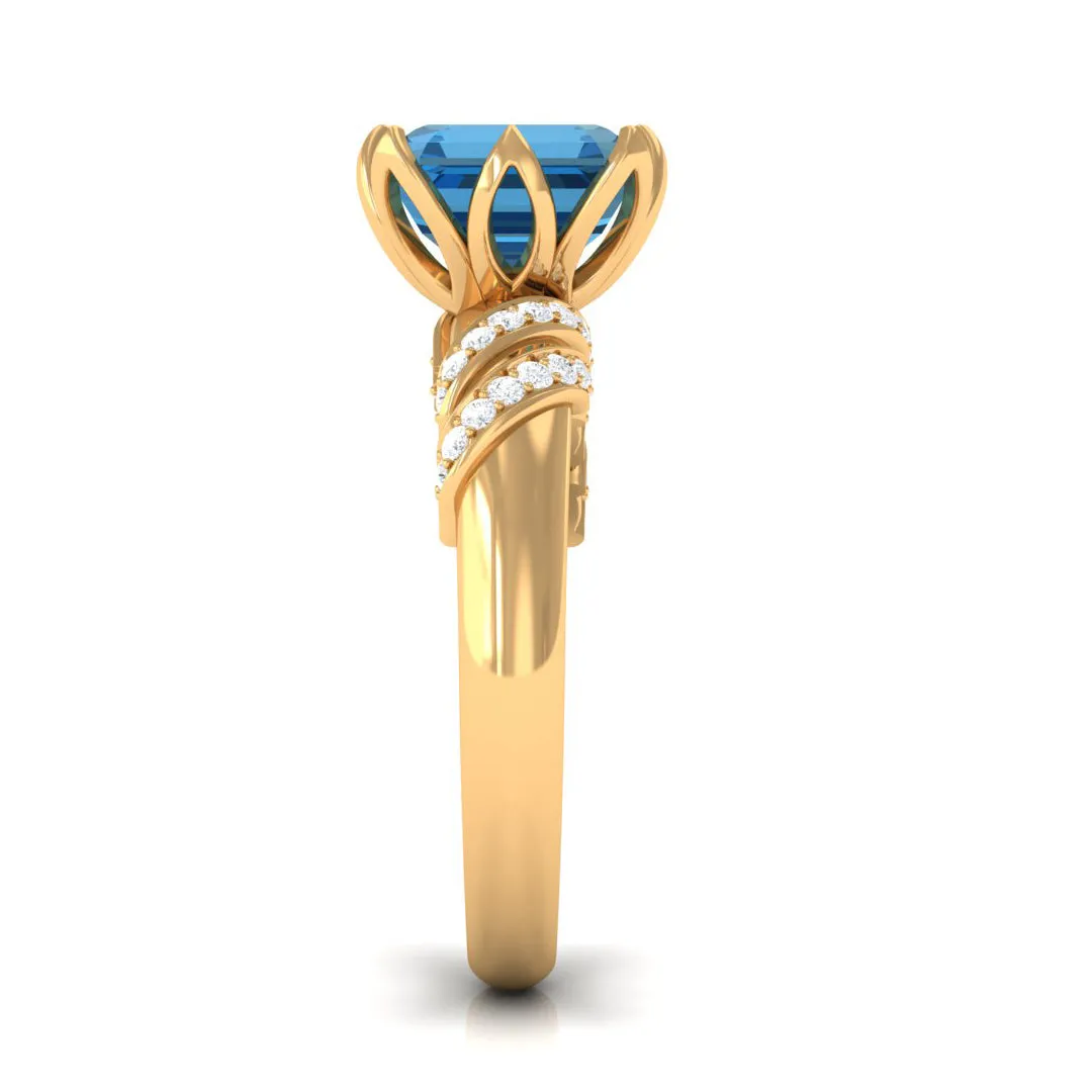 Asscher Cut London Blue Topaz Designer Engagement Ring with Diamond