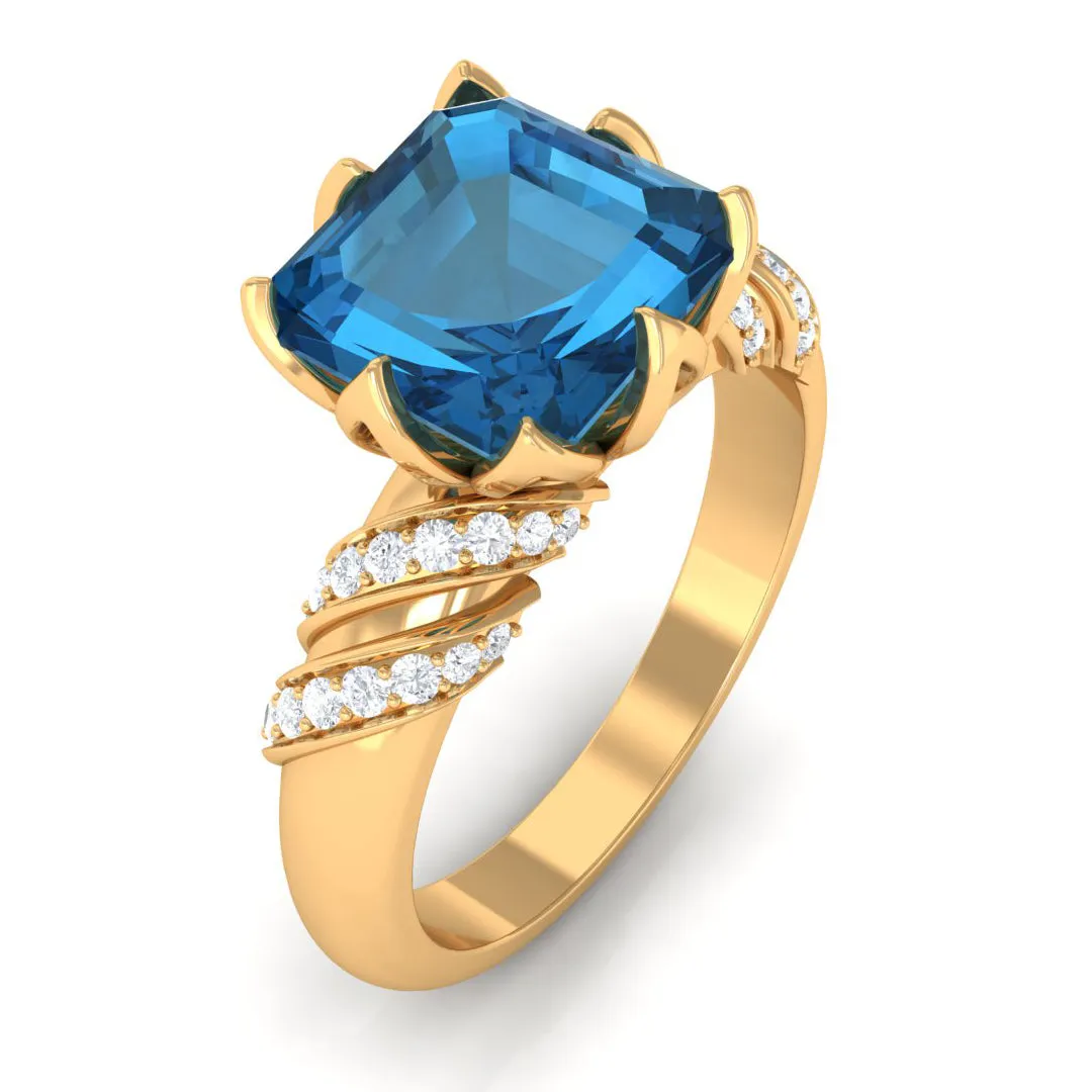 Asscher Cut London Blue Topaz Designer Engagement Ring with Diamond