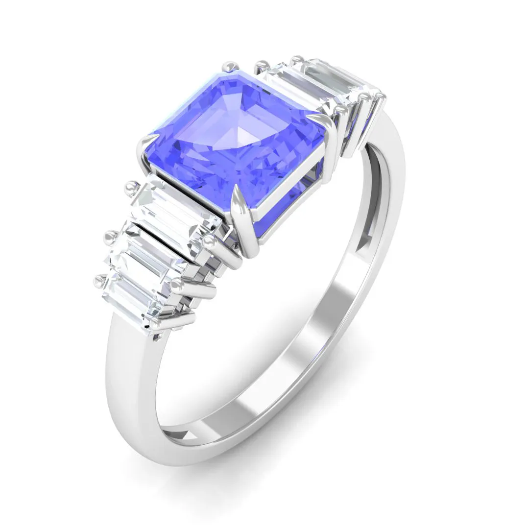 Asscher Cut Tanzanite Designer Engagement Ring with Baguette Moissanite