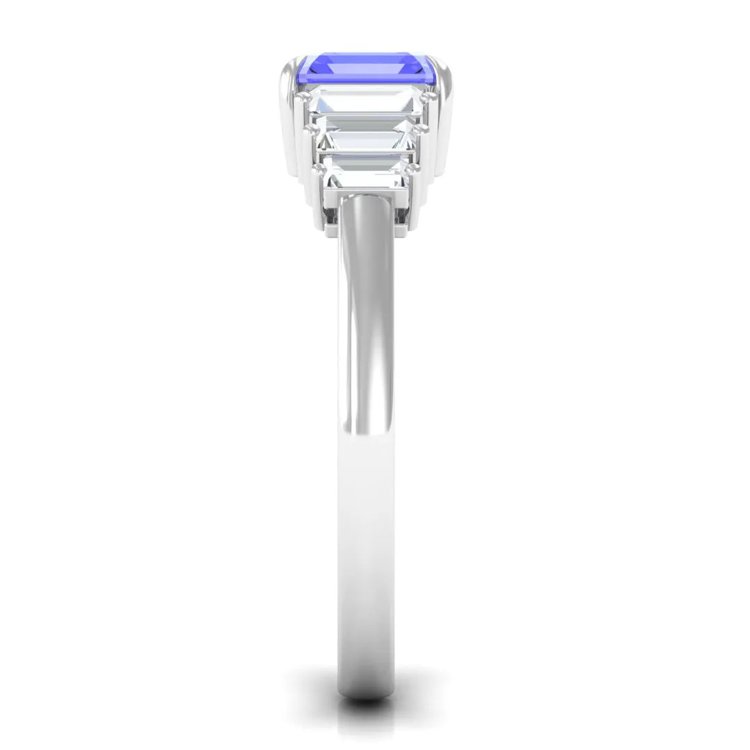Asscher Cut Tanzanite Designer Engagement Ring with Baguette Moissanite