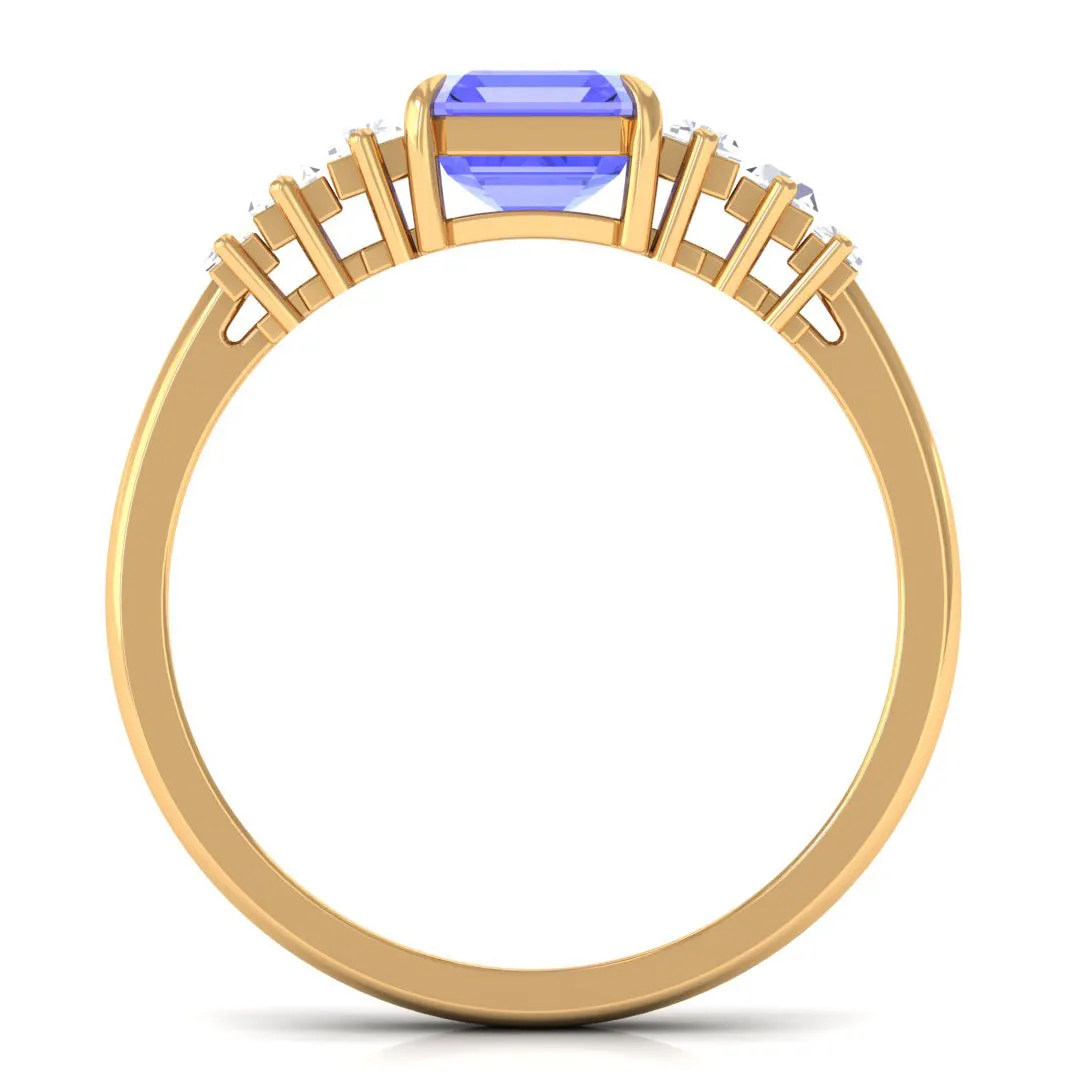 Asscher Cut Tanzanite Designer Engagement Ring with Baguette Moissanite