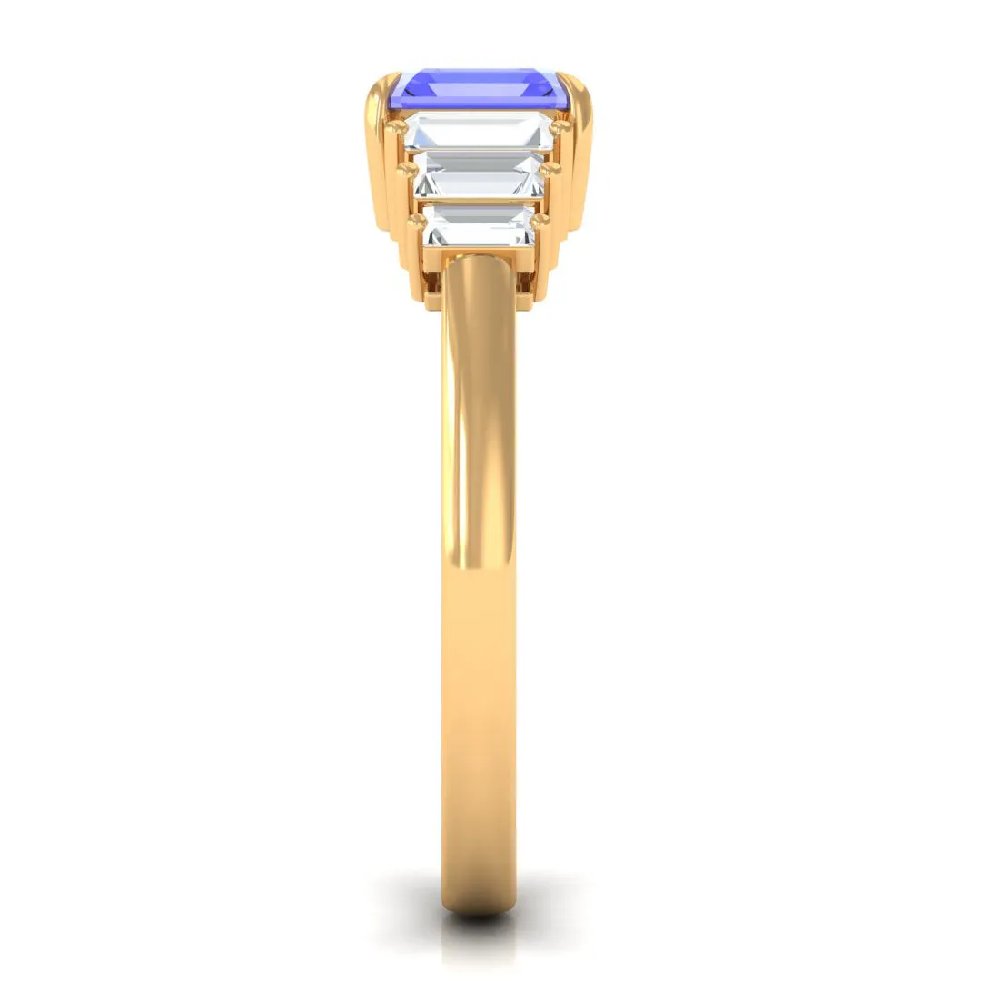 Asscher Cut Tanzanite Designer Engagement Ring with Baguette Moissanite