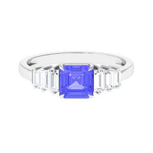 Asscher Cut Tanzanite Designer Engagement Ring with Baguette Moissanite