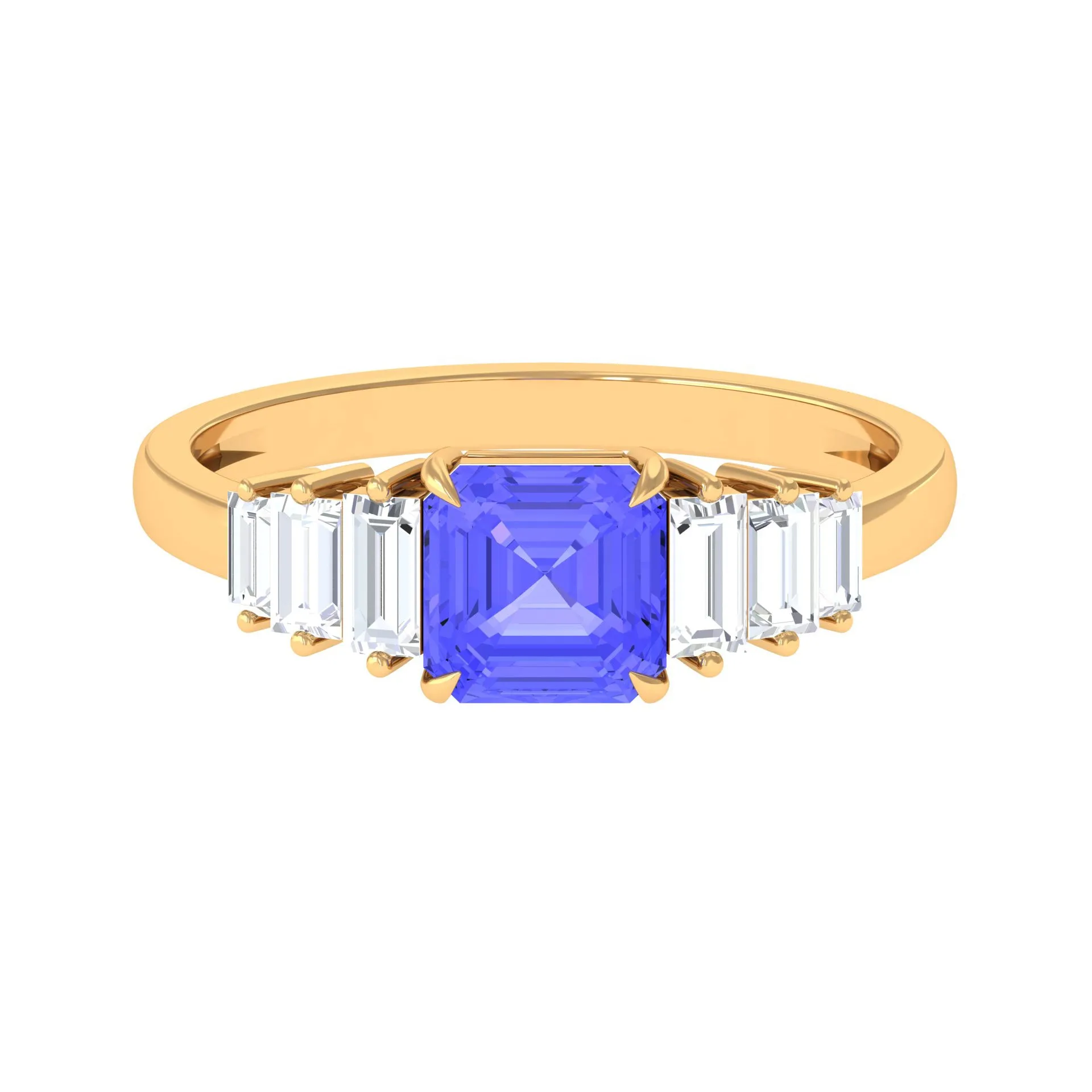 Asscher Cut Tanzanite Designer Engagement Ring with Baguette Moissanite