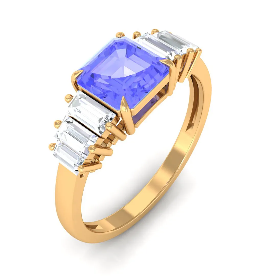 Asscher Cut Tanzanite Designer Engagement Ring with Baguette Moissanite