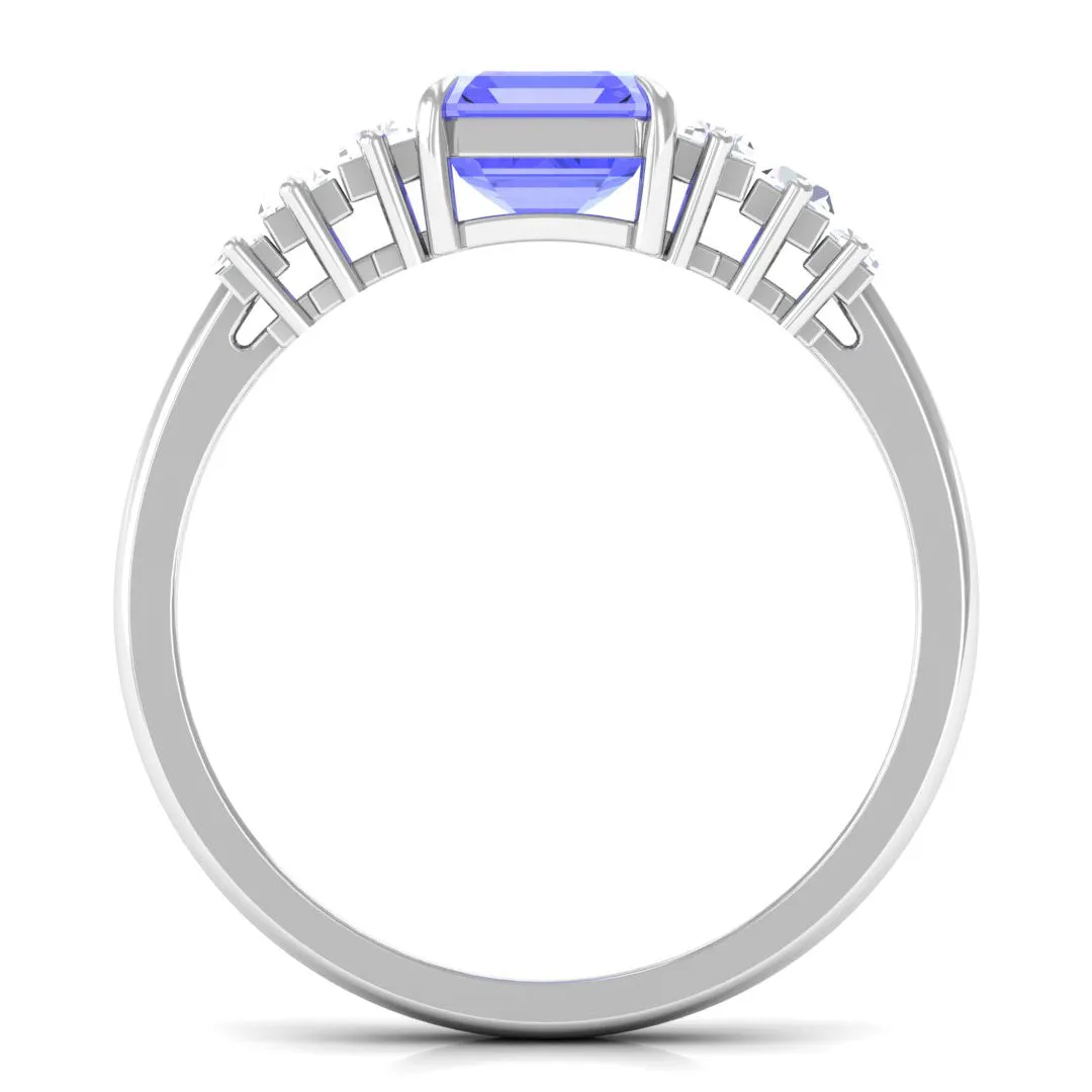 Asscher Cut Tanzanite Designer Engagement Ring with Baguette Moissanite