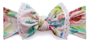 Baby Bling Tea Party Rose w/White Lace Trimmed Printed Knot Headband