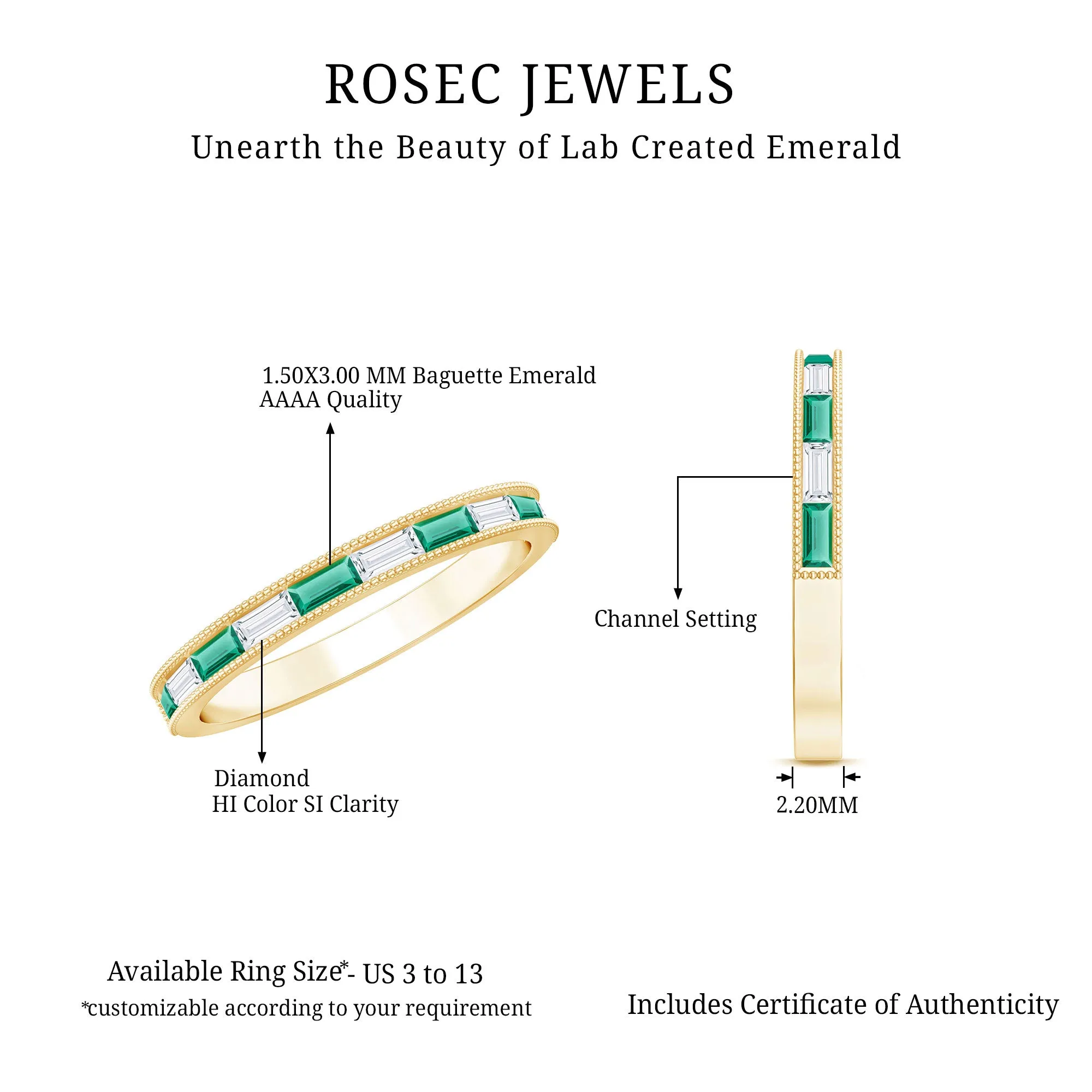 Baguette Cut Lab Grown Emerald and Diamond Band Ring