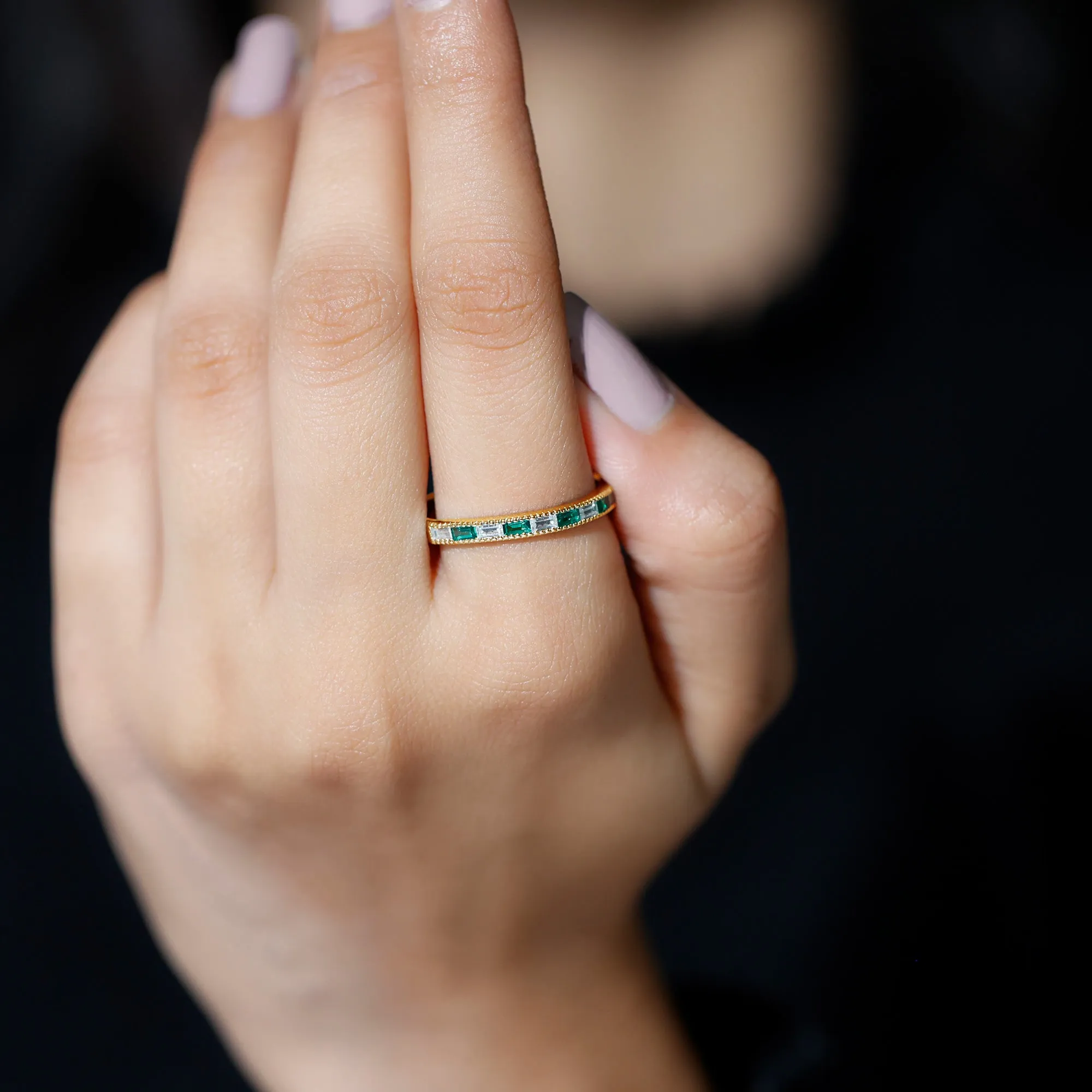 Baguette Cut Lab Grown Emerald and Diamond Band Ring