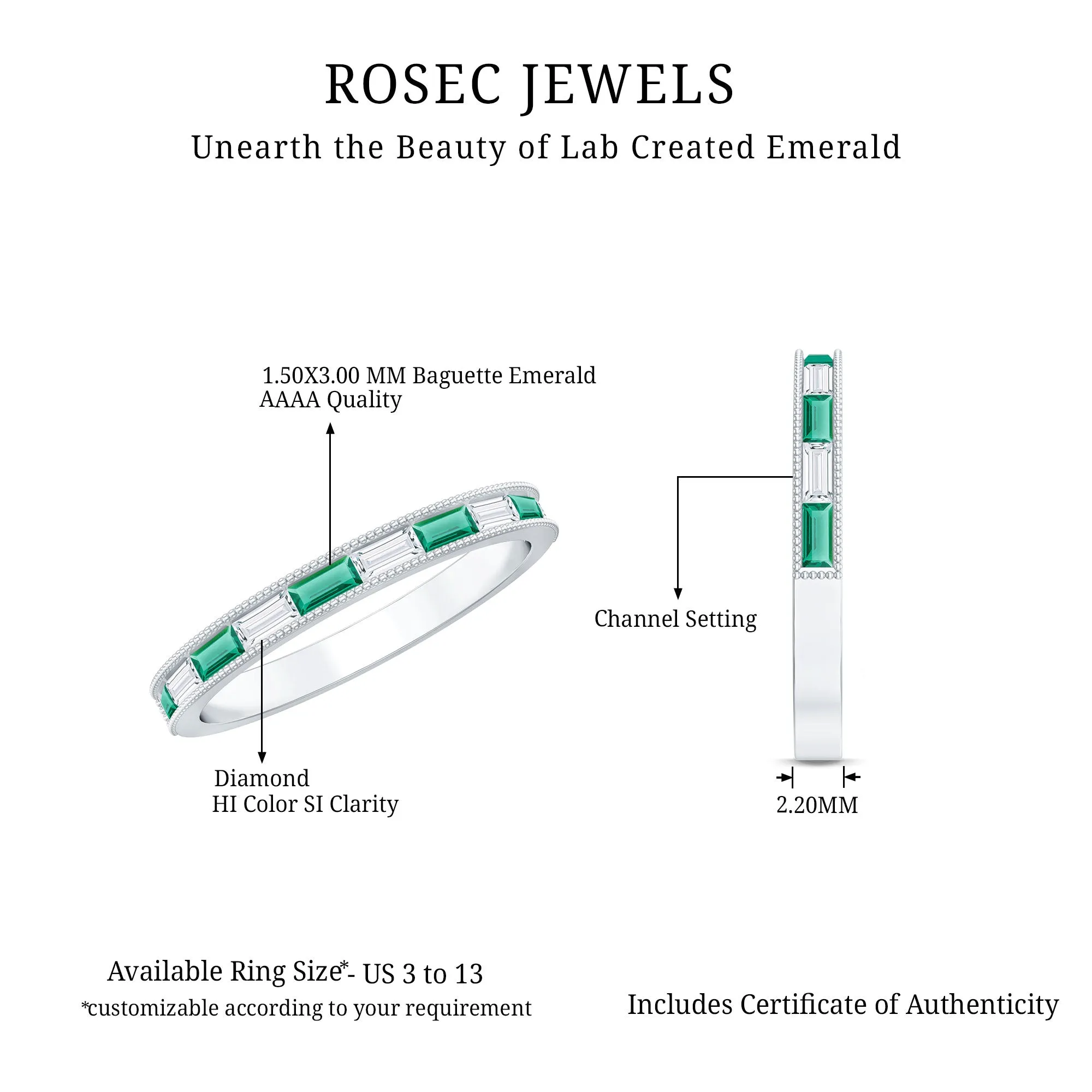 Baguette Cut Lab Grown Emerald and Diamond Band Ring