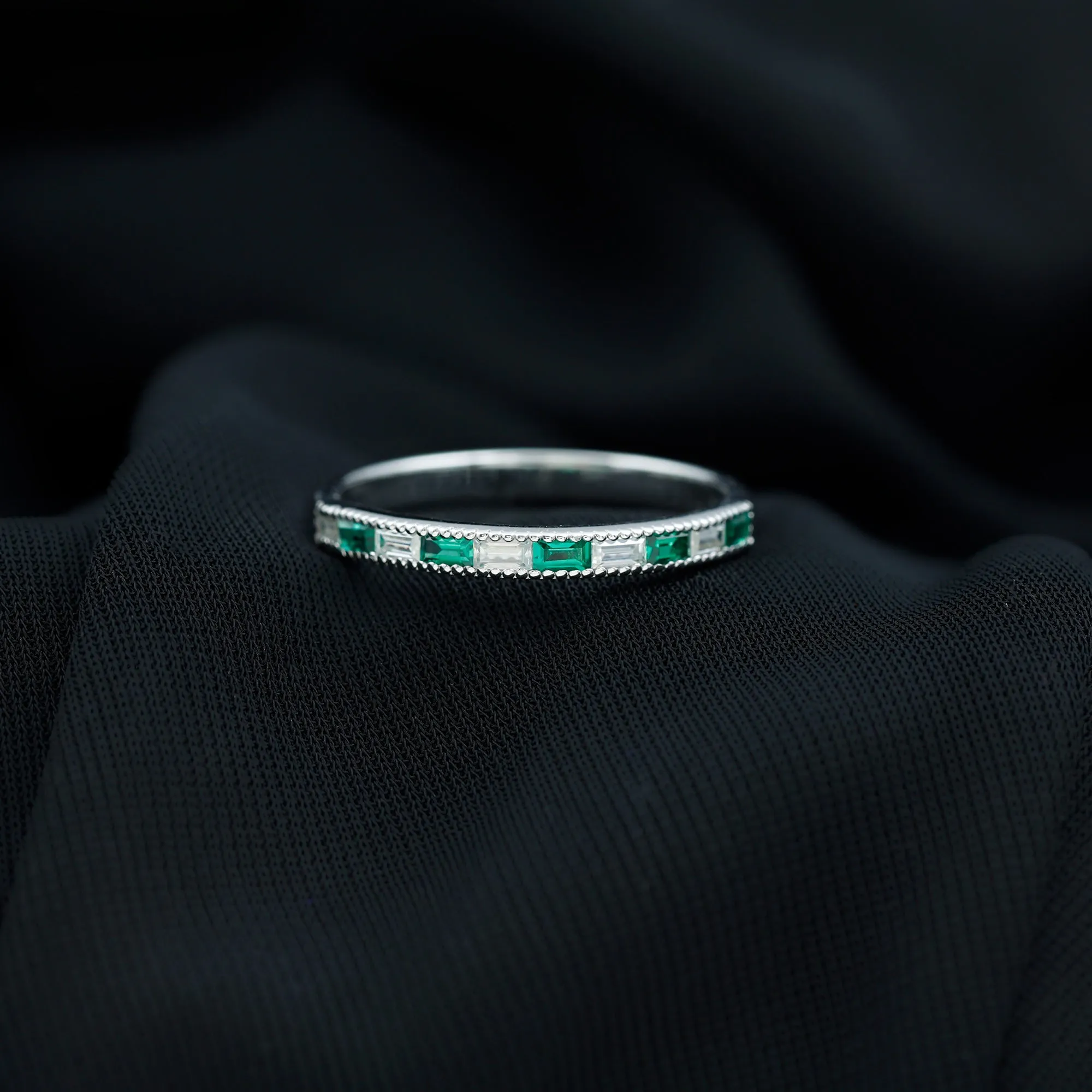 Baguette Cut Lab Grown Emerald and Diamond Band Ring