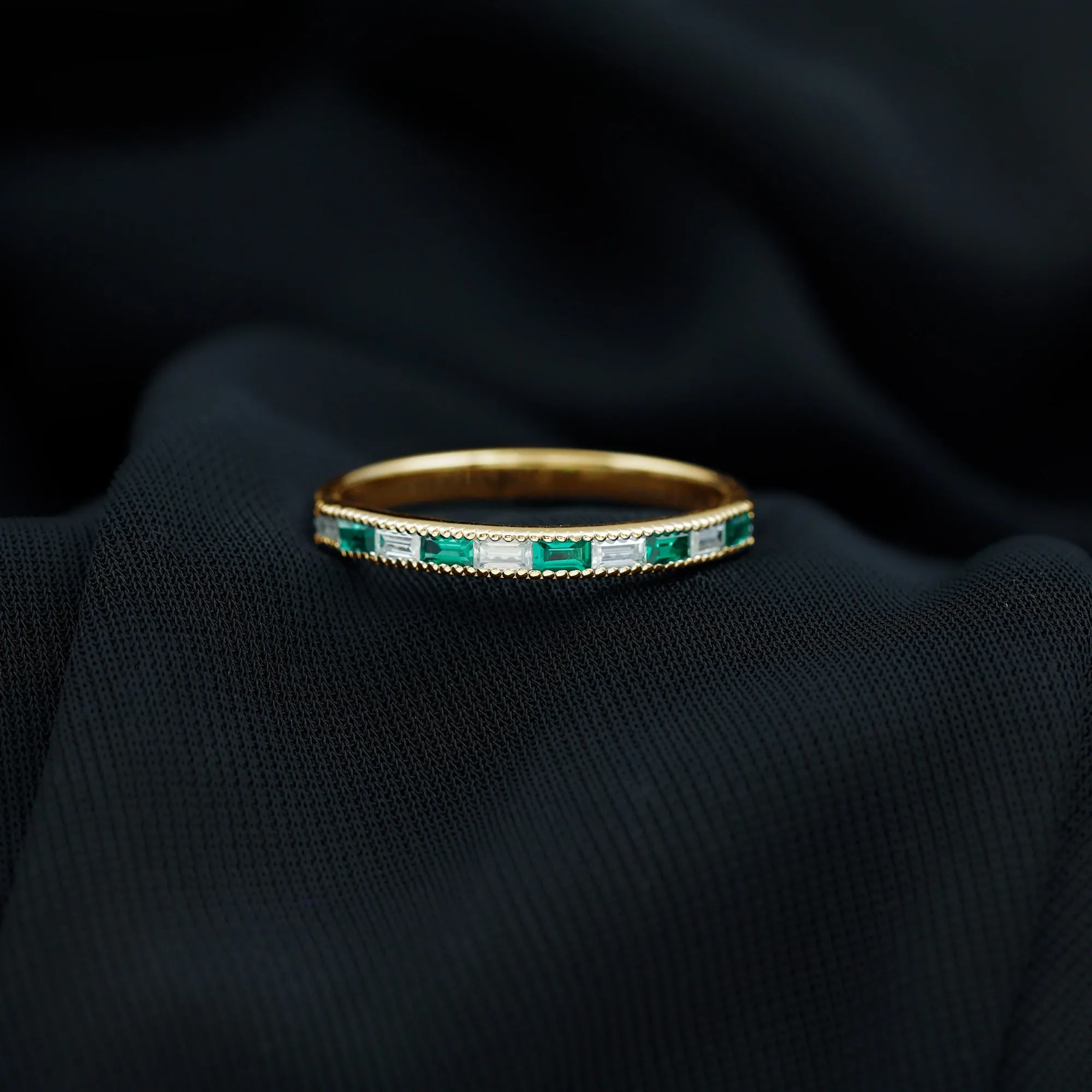 Baguette Cut Lab Grown Emerald and Diamond Band Ring