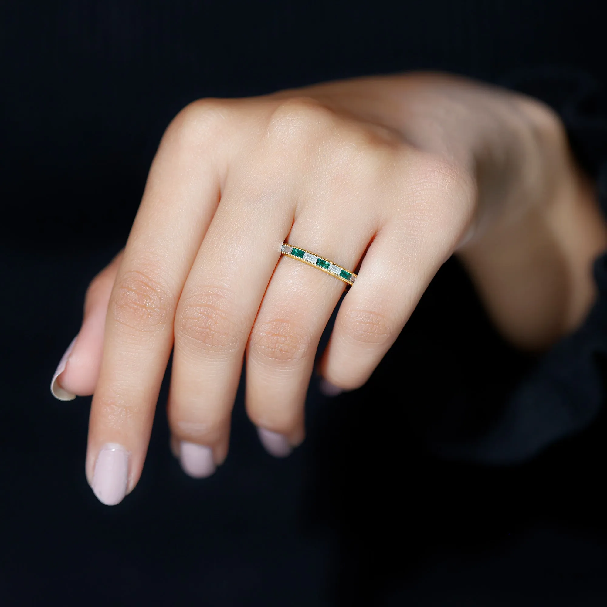 Baguette Cut Lab Grown Emerald and Diamond Band Ring