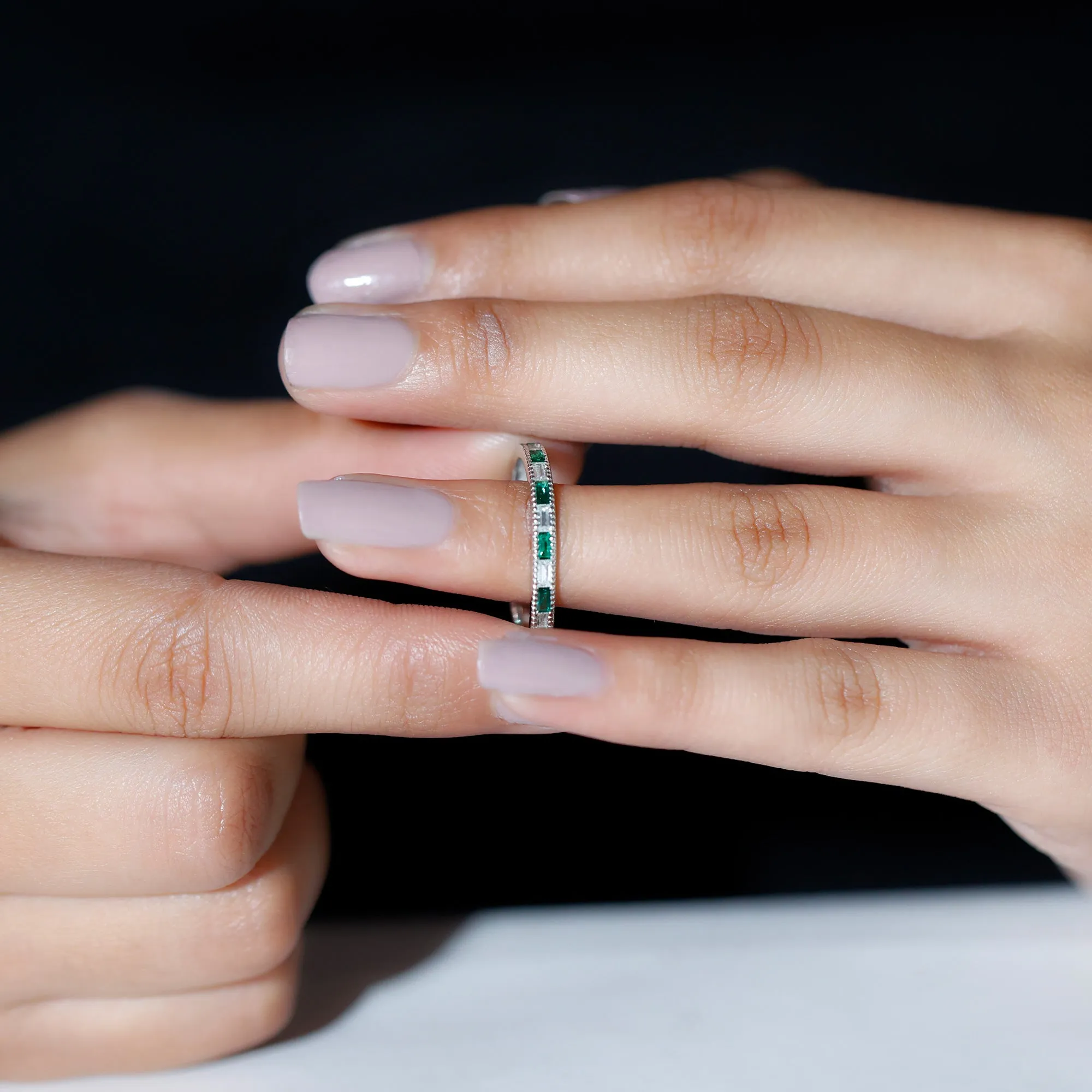 Baguette Cut Lab Grown Emerald and Diamond Band Ring