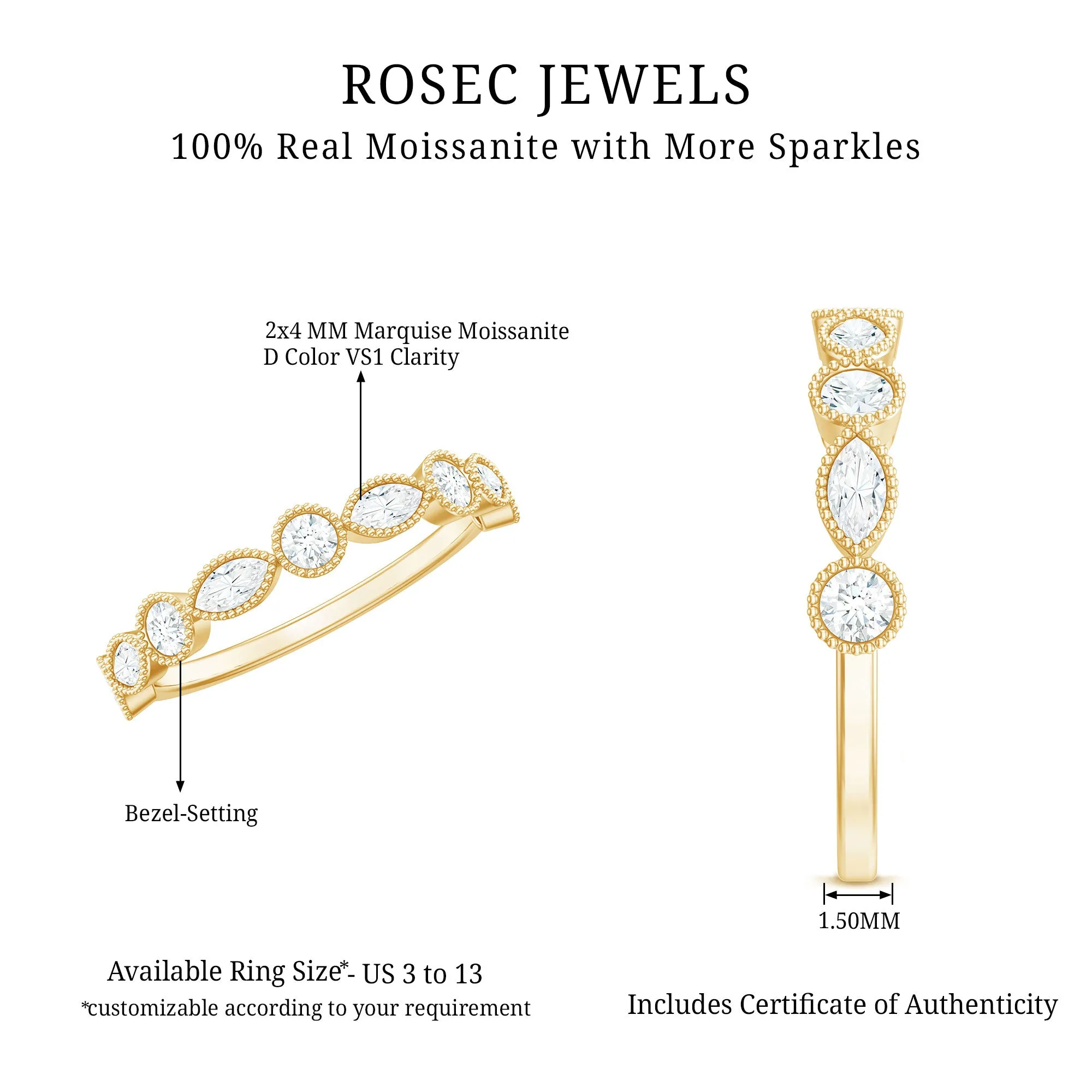 Beaded Bezel Set Moissanite Semi Eternity Band Ring