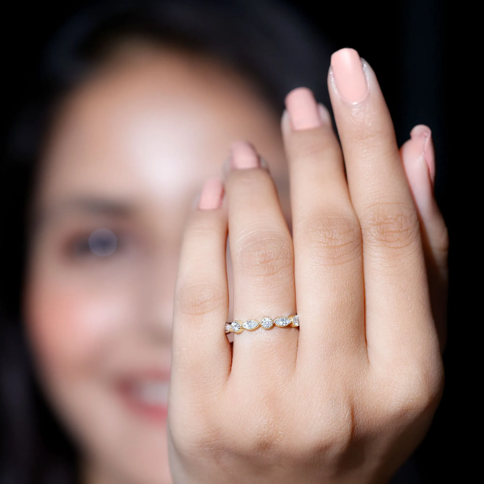 Beaded Bezel Set Moissanite Semi Eternity Band Ring
