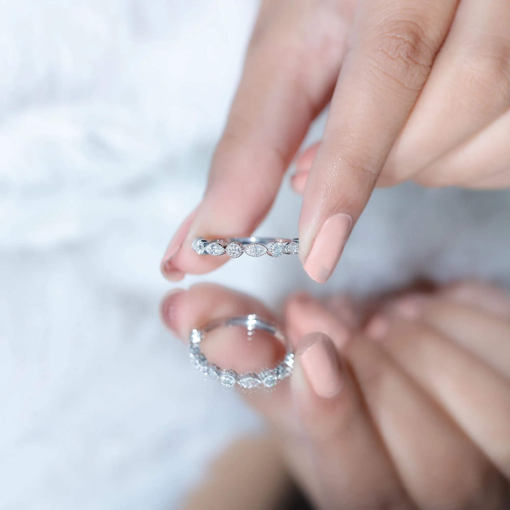 Beaded Bezel Set Moissanite Semi Eternity Band Ring