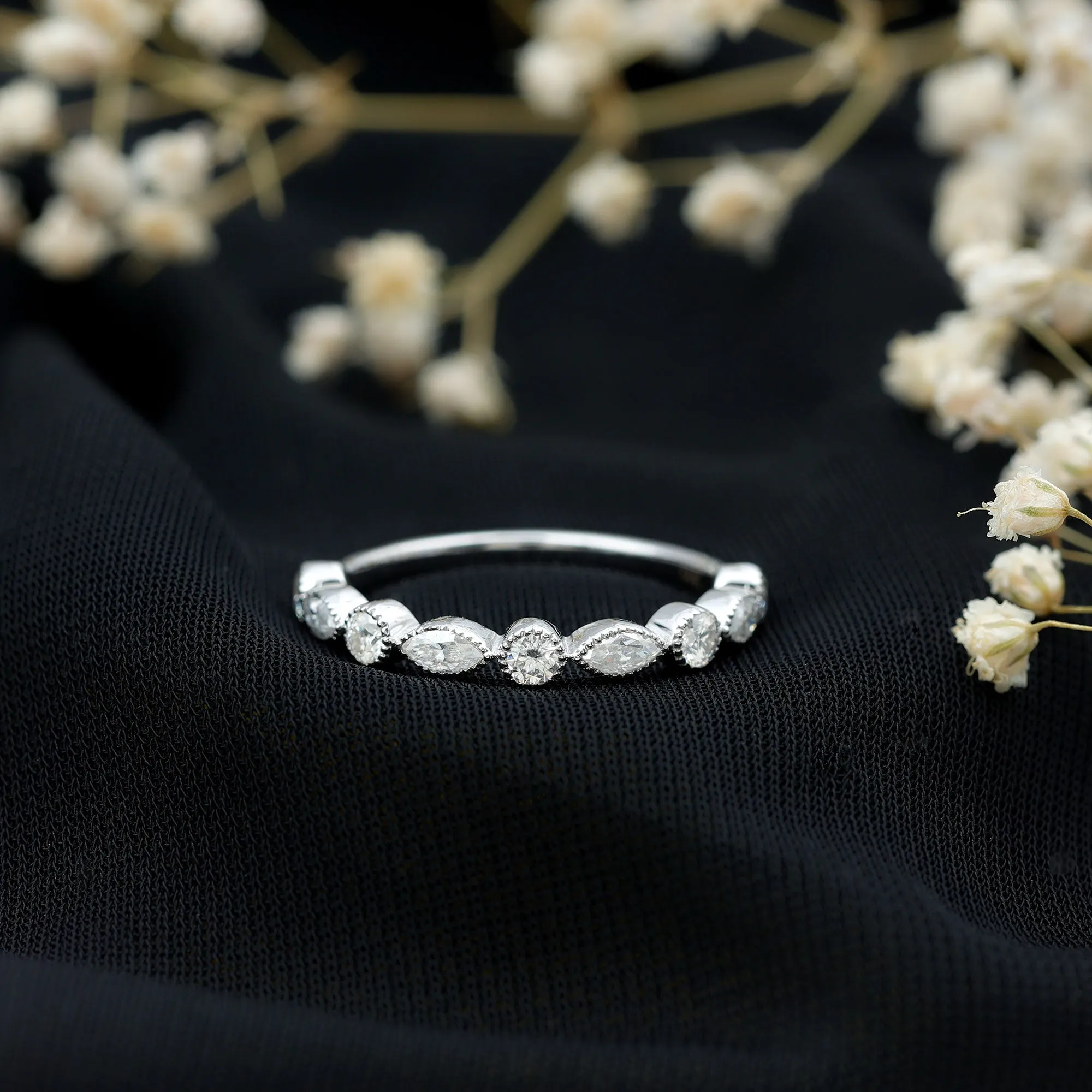 Beaded Bezel Set Moissanite Semi Eternity Band Ring