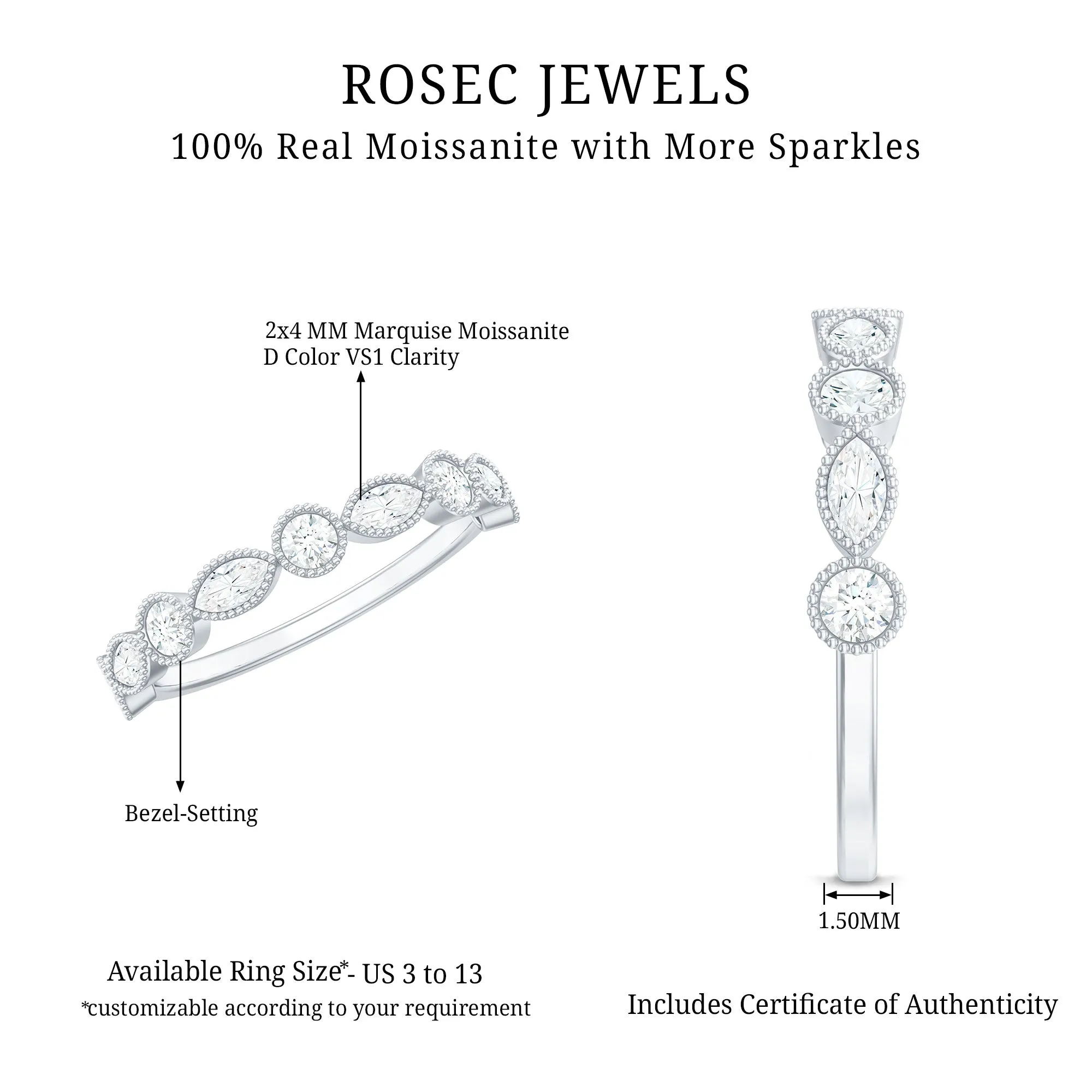 Beaded Bezel Set Moissanite Semi Eternity Band Ring