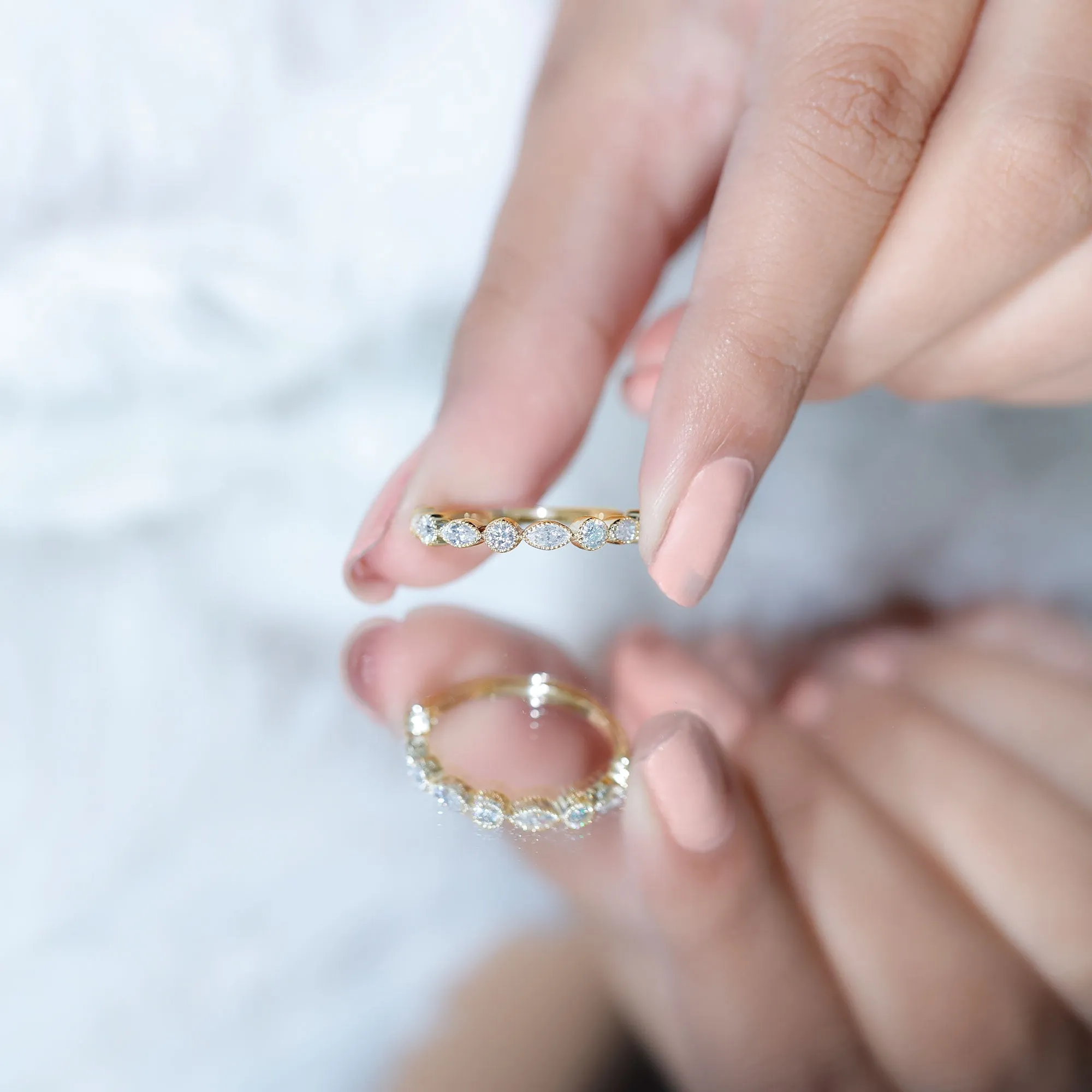 Beaded Bezel Set Moissanite Semi Eternity Band Ring