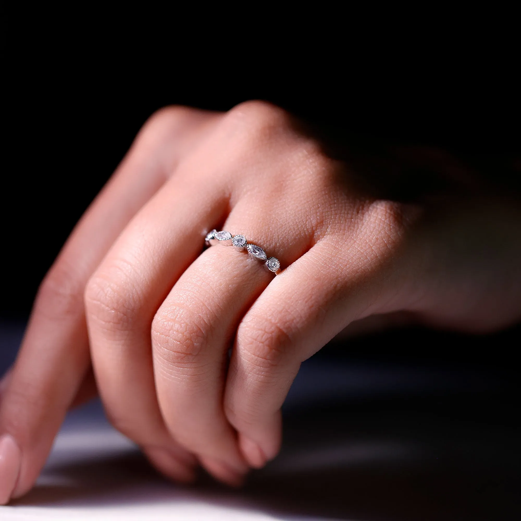 Beaded Bezel Set Moissanite Semi Eternity Band Ring