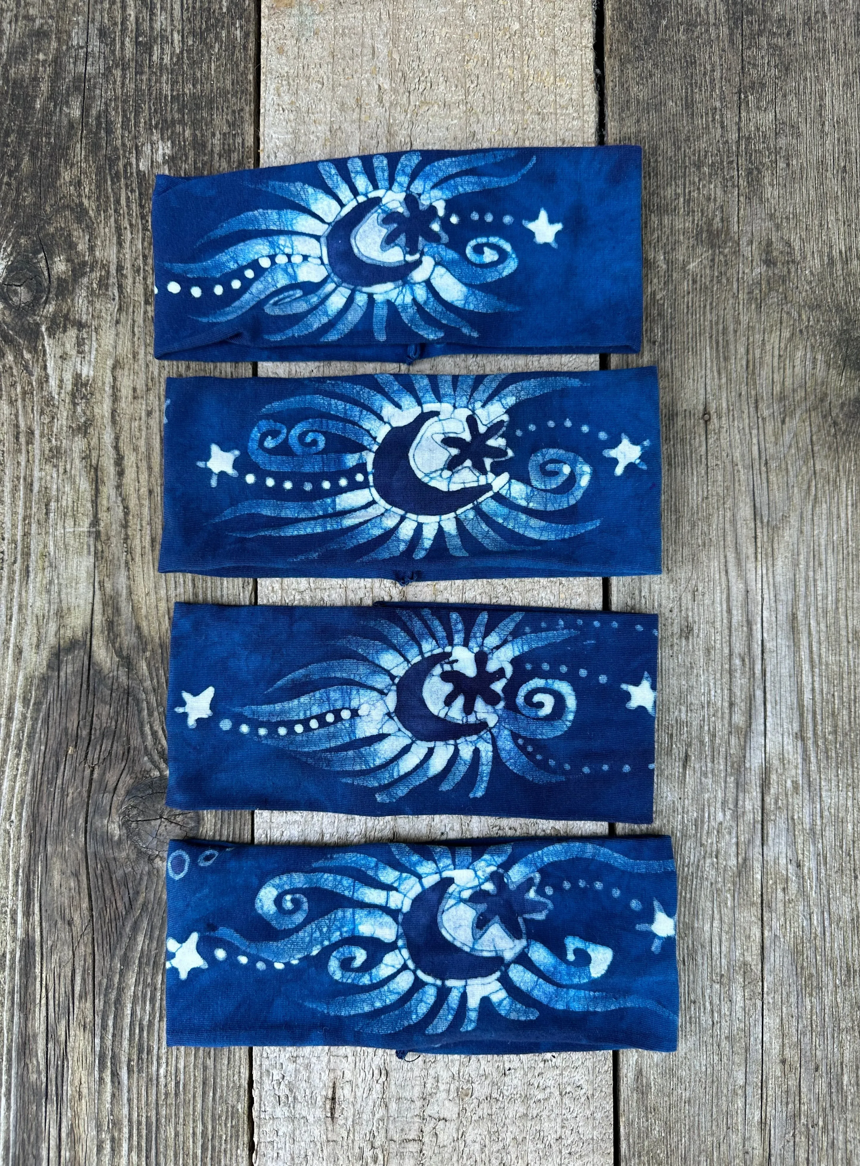 Blue Purple Moon and Stars Handmade Batik Headband
