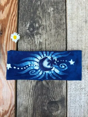 Blue Purple Moon and Stars Handmade Batik Headband