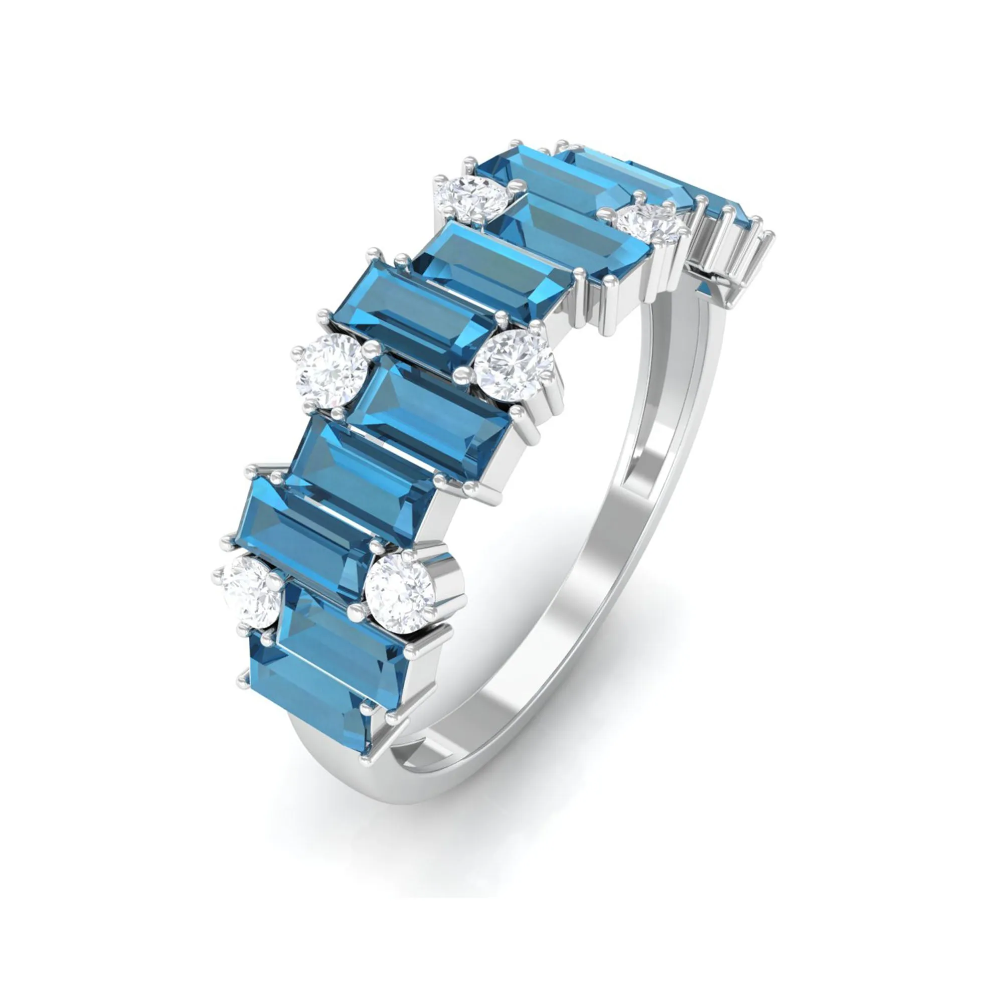 Certified London Blue Topaz and Moissanite Half Eternity Ring