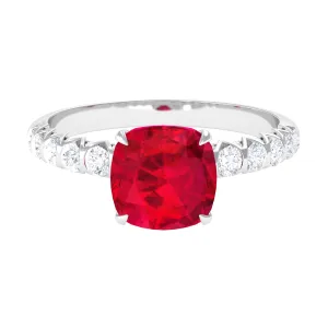Cushion Cut Created Ruby Solitaire Ring with Diamond Side Stones