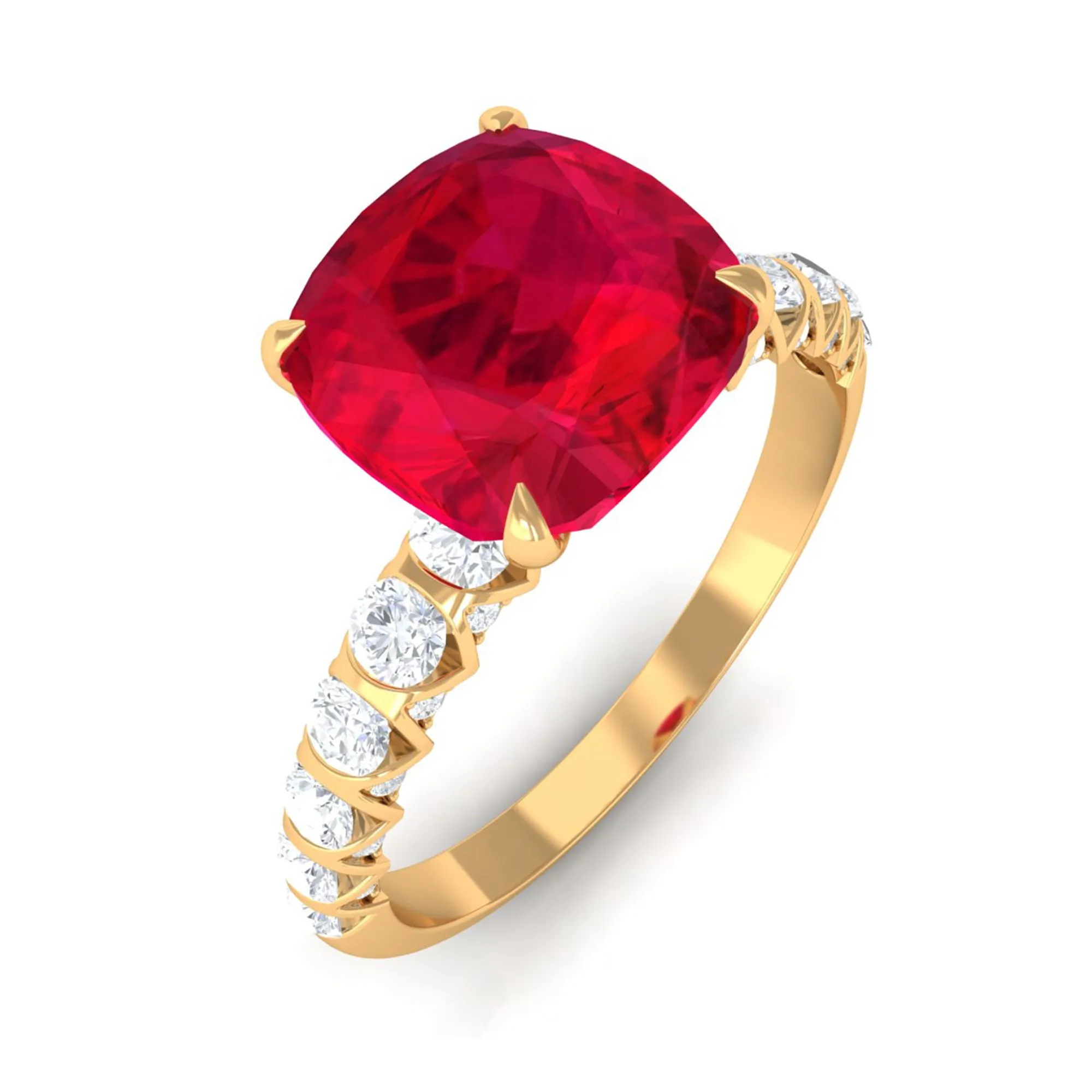 Cushion Cut Created Ruby Solitaire Ring with Diamond Side Stones