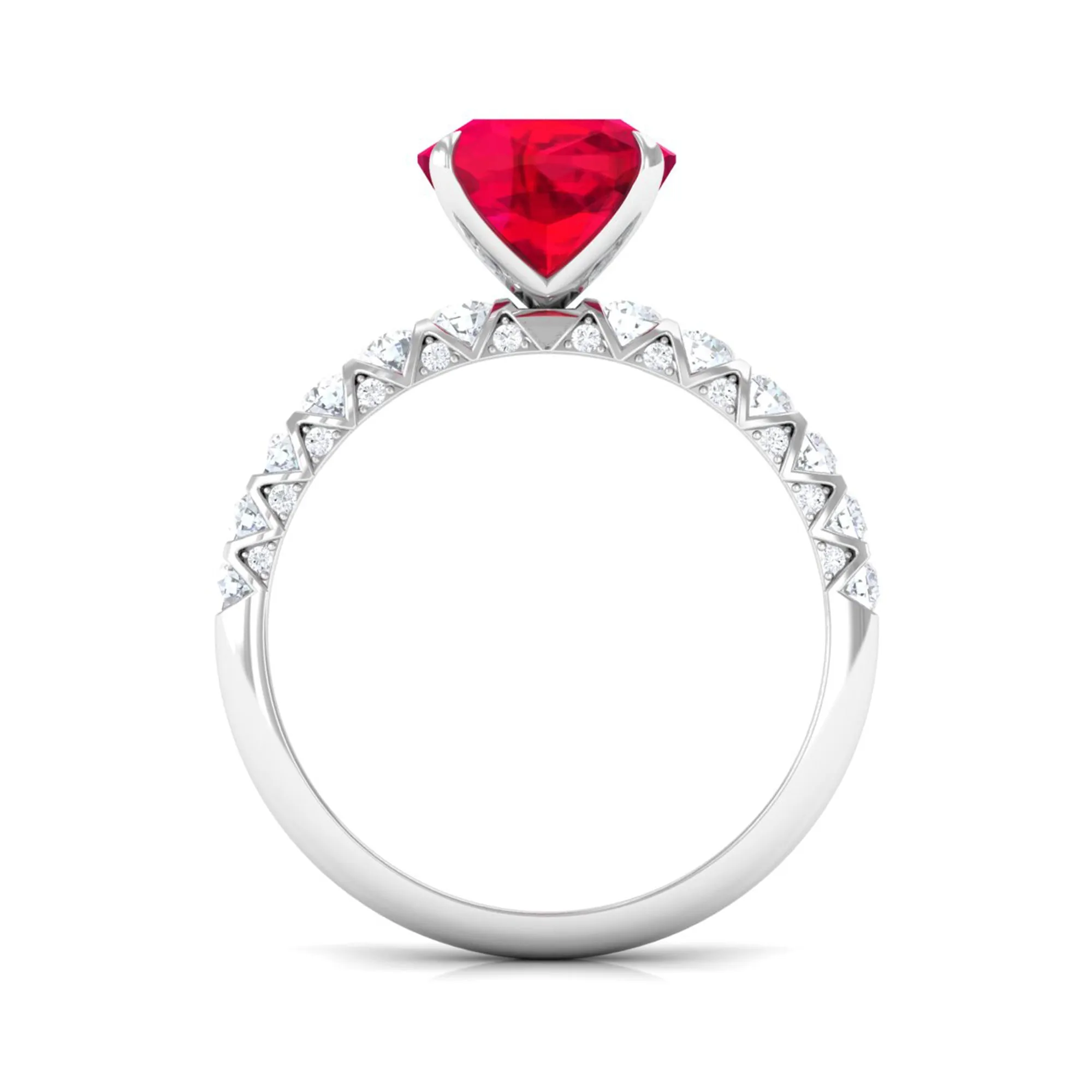 Cushion Cut Created Ruby Solitaire Ring with Diamond Side Stones