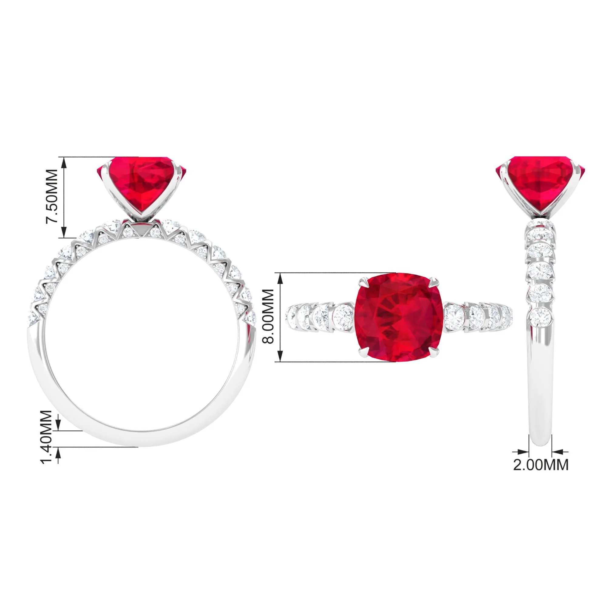 Cushion Cut Created Ruby Solitaire Ring with Diamond Side Stones