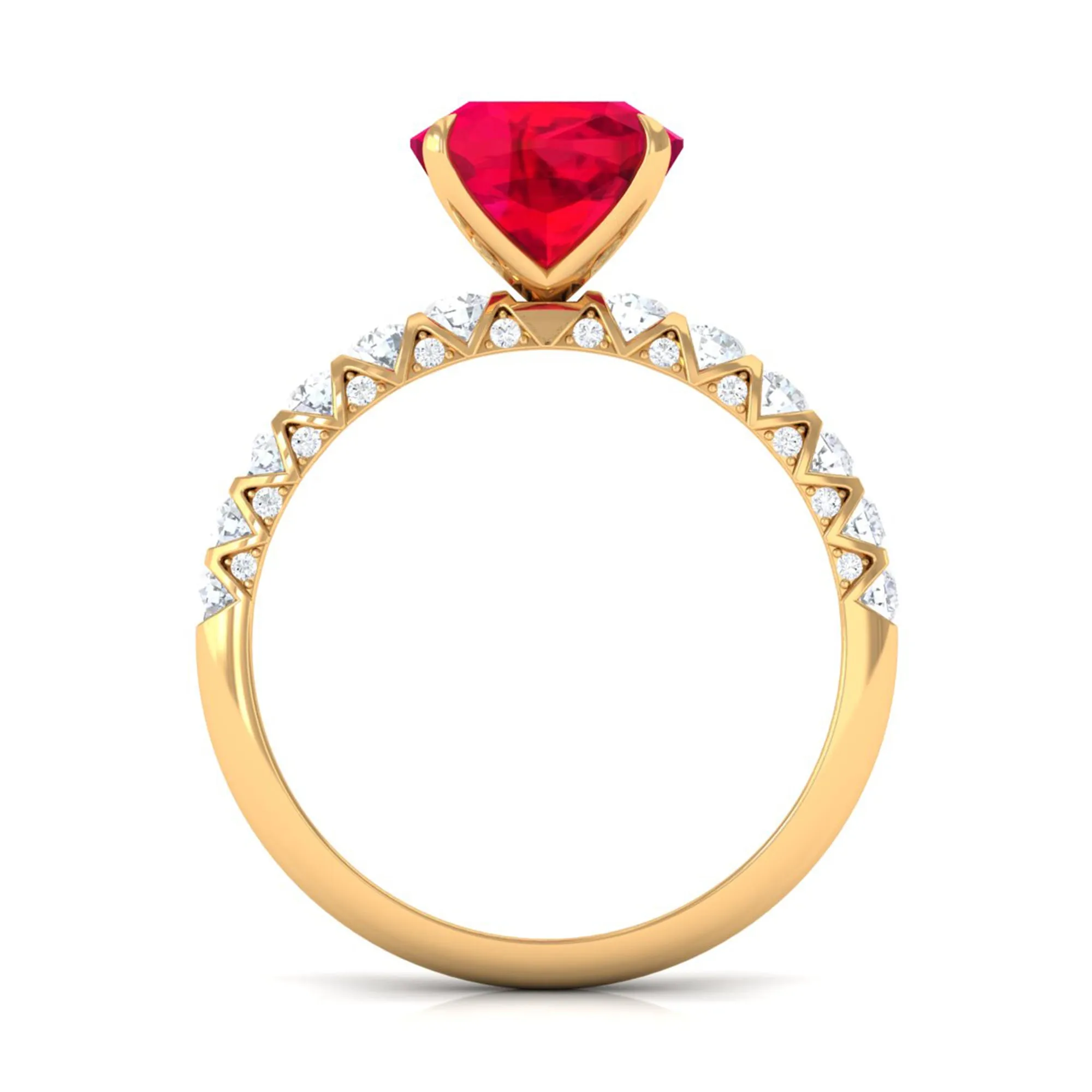 Cushion Cut Created Ruby Solitaire Ring with Diamond Side Stones