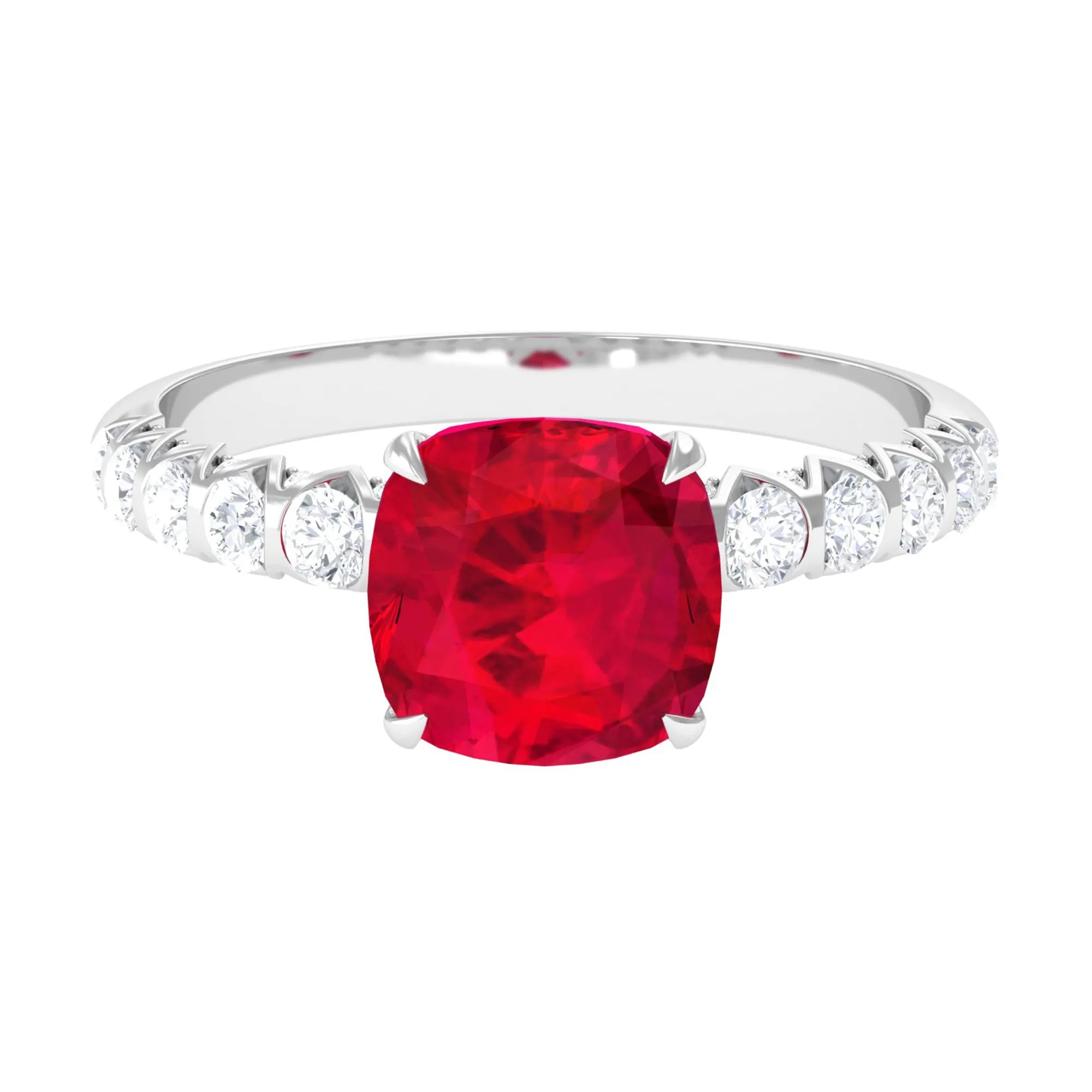 Cushion Cut Created Ruby Solitaire Ring with Diamond Side Stones