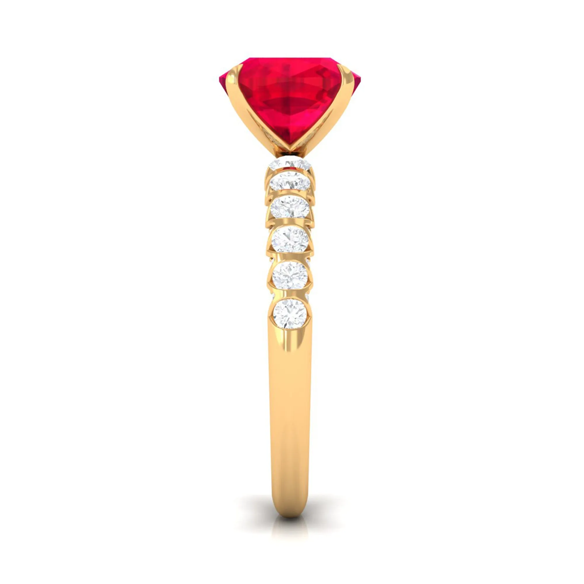 Cushion Cut Created Ruby Solitaire Ring with Diamond Side Stones