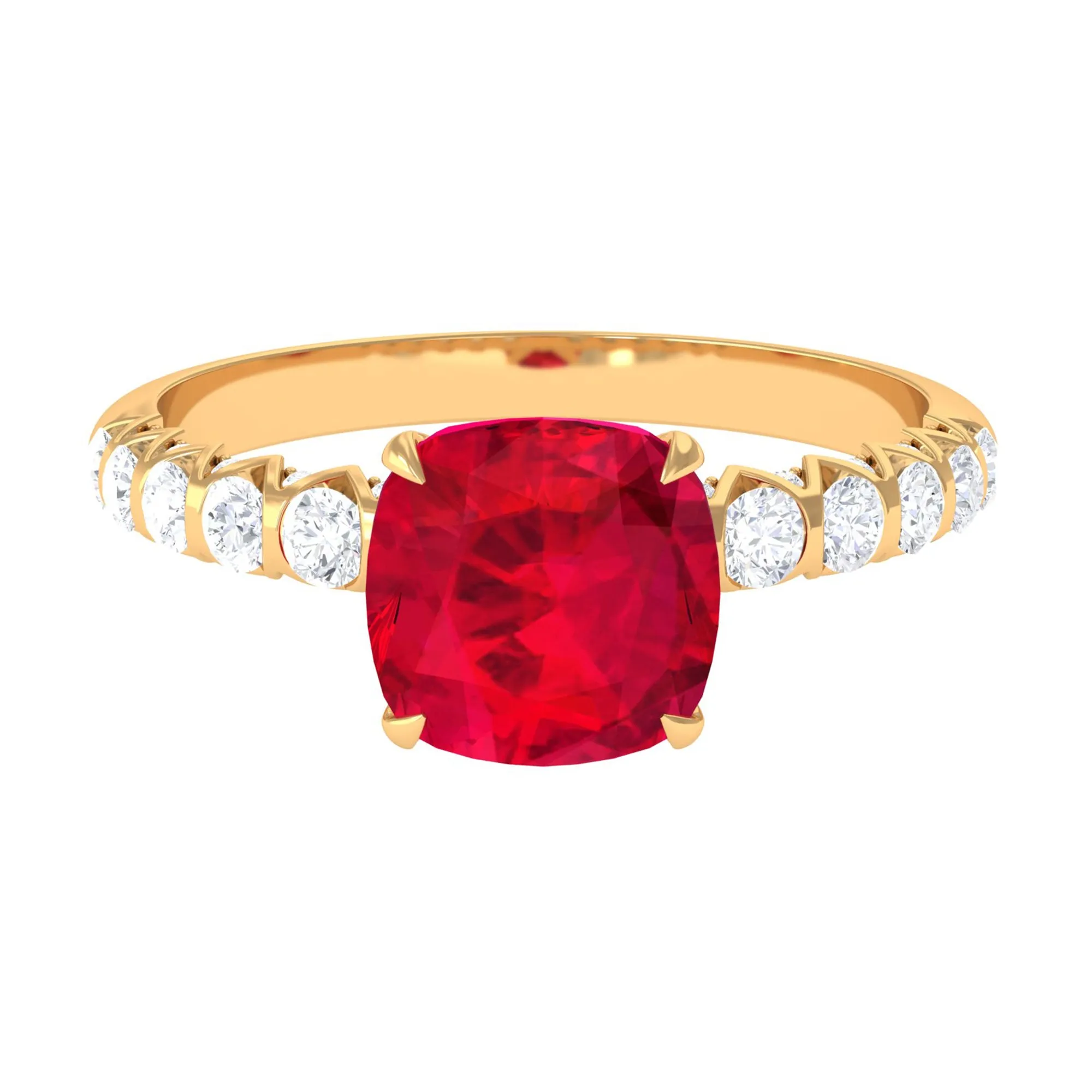 Cushion Cut Created Ruby Solitaire Ring with Diamond Side Stones