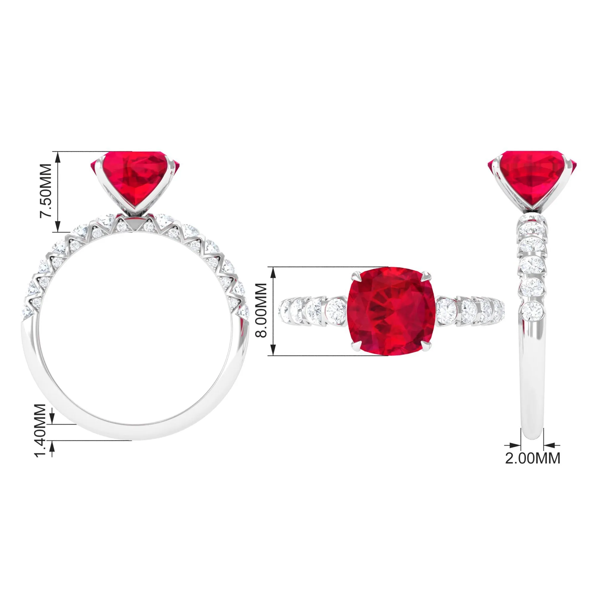 Cushion Cut Created Ruby Solitaire Ring with Diamond Side Stones