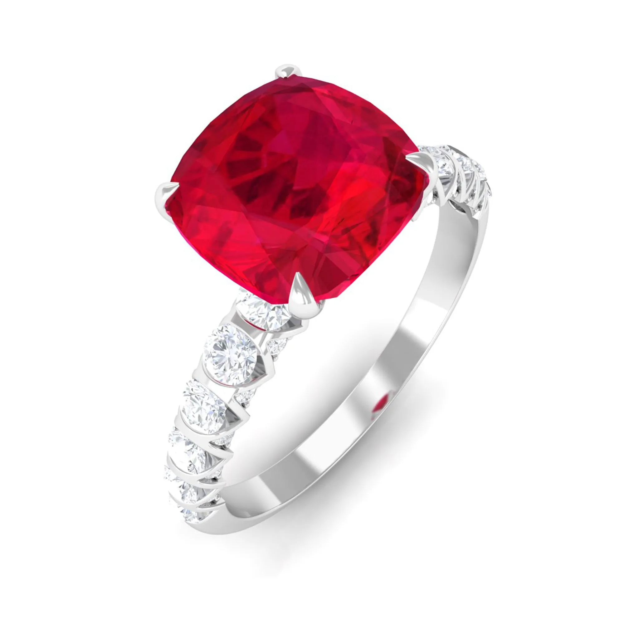 Cushion Cut Created Ruby Solitaire Ring with Diamond Side Stones